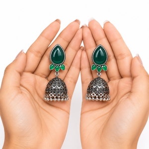 Factory Wholesale Oxidized <b>Silver</b> Jhumka <b>Earrings</b> for Women Pear Shape Monalisa Stone Ethnic Indian <b>Dangle</b> <b>Earrings</b> - Product Image 6