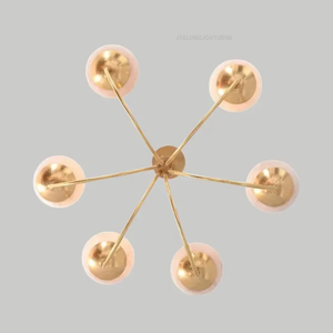 Designer Mid Century <b>Modern</b> 6 <b>Light</b> <b>LED</b> Brass Chandelier Frosted Metal Globes <b>Ceiling</b> Pendant <b>Light</b> Fixture Living Room - Product Image 3