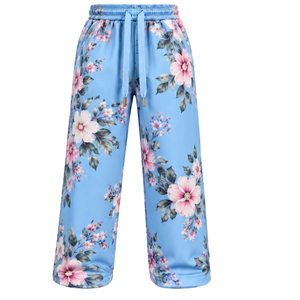 <b>Women</b> Sky Blue Floral Printed Wide Leg <b>Sweatpants</b> With Elastic Waist Drawstring Loose Fit Casual Fashion Pants With Back Pocket - Product Image 1
