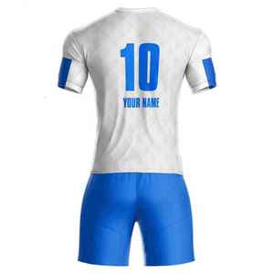 ชุดเสื้อฟุตบอลสั่งทำสีขาวน้ำเงิน พิมพ์ลายแบบ Sublimation ผ้าโพลีเอสเตอร์ 100% ทรงพอดีตัว แขนสั้น คอกลม ระบายอากาศได้ดี เป็นมิตรกับสิ่งแวดล้อม สำหรับผู้ใหญ่ - Product Image 1
