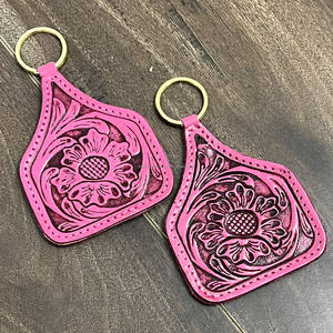 Porte-clés en cuir véritable rose, décoré de fleurs, élégant, accessoire de clés personnalisé, souvenir, pour homme et femme. - Product Image 3
