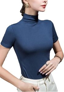 Camisetas de Cuello Alto de Manga Corta para Mujer, Ajustadas, Informales, de Algodón Transpirable, para Primavera y Otoño, Lisas - Product Image 5