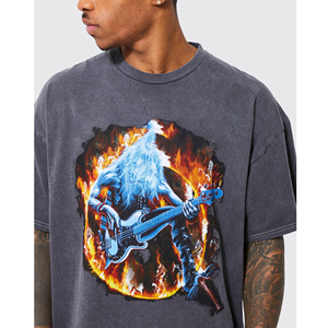 Men's Dark Gray Short Sleeve T-<b>Shirt</b> With Blue Rocker Playing Guitar In <b>Flames</b> Photo Print O-Neck Casual Fit Regular Length - Product Image 6