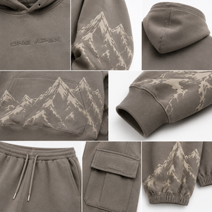 Conjunto de chándal de lujo gris piedra extragrande para hombre, con sudadera pesada y joggers cargo con estampado de montaña, OEM ODM, personalizado, estilo urbano - Product Image 5