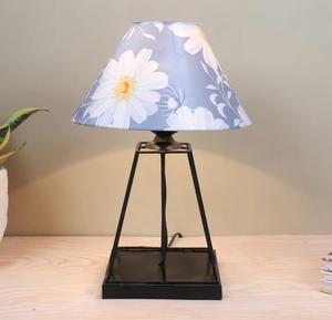 Modern Iron Table Lamp with Blue Floral Fabric Cone Shade Warm White LED <b>Light</b> for Bedroom Decorative <b>Lighting</b> - Product Image 1