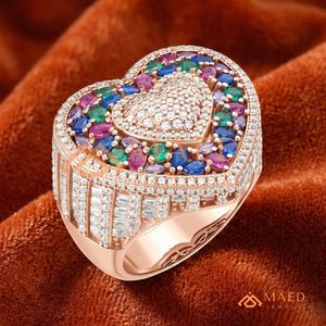 14K Rose Gold Plated Heart Ring Multi-Color Stone Cluster Wedding Band Iced Out Romantic Heart Jewellery Pink Gold Rainbow Ring - Product Image 2