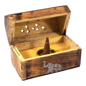 Brûleur d'encens artisanal en bois en forme de cône avec symbole d'éléphant, support décoratif spirituel pour les espaces de vie - Product Image 3