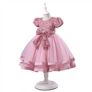 With Puff Sleeves Big Bow And Layered <b>Tulle</b> <b>Skirt</b> Pink Sequin Flower Girl Dress Wholesale Premium Birthday Party Gown For Kids - Product Image 1