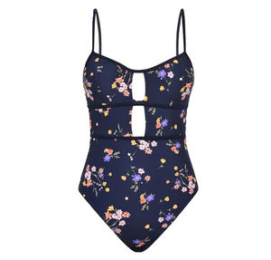 Maillot de bain une pièce imprimé floral bleu marine fait main, coupe échancrée, écoresponsable et à séchage rapide pour femme - Product Image 2