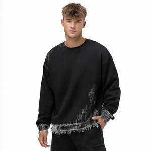 Wholesale Distressed Sweatshirts Men Heavyweight 480 500gsm French Terry Distress Sweat Shirts Printed Tops Men's - Product Image 2