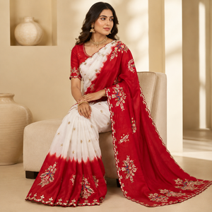 Bridal Vintage Silk <b>Saree</b> Indian Wedding Party Embroidery White <b>Red</b> Traditional Ethnic Wear Wholesale Heavy Work Ladies Boutique - Product Image 2