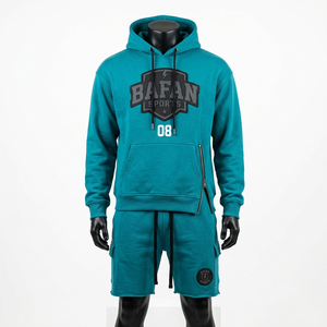 High quality cotton rich fleece hoodie and shorts <b>men</b> set teal with puff print logo custom streetwear Hoodie Short Set <b>men's</b> - Product Image 1