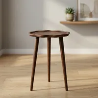 Table basse moderne ronde en bois de manguier, design mid-century, faite à la main, meubles de salon, finition foncée, base à trois pieds