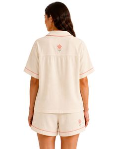 Customized Beige Women Pajama Set Short Sleeve Button <b>Down</b> Sleepwear Floral Embroidery Soft Breathable Summer Lounge Set - Product Image 2