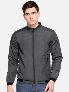 Men's Gray Bomber <b>Jacket</b> Slim Fit Turn-down Collar Zipper Closure Windproof Casual Autumn Wear Solid Color Polyester Material - Product Image 5