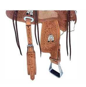 Western Style Brown Leather Barrel Saddle for Horse Riding <b>Hand</b> Tooled & Painted Feather Design Western Horse Style - Product Image 3