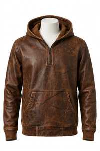 เสื้อแจ็คเก็ตหนังผู้ชายแบบมีฮู้ด ซิป ¼  พร้อมกระเป๋าจิงโจ้ - Product Image 1