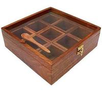 Boîte à épices en bois avec compartiments séparés, couvercle en verre et cuillère, style antique, conteneur de rangement artisanal