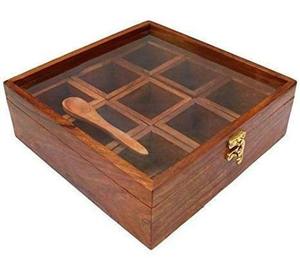 Caja de especias de madera con compartimentos divididos, tapa de vidrio y cuchara, contenedor de almacenamiento artesanal de estilo antiguo - Product Image 1