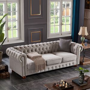 Divano Chesterfield in Tessuto di Lino Grigio Chiaro per Soggiorno - Product Image 3