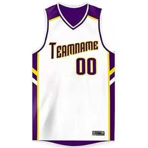 Camiseta de Baloncesto Sublimada Personalizada, Blanca, Morada y Amarilla, Cuello en V, Sin Mangas, Malla Transpirable, 100% Poliéster, Nombre del Equipo 00 - Product Image 1