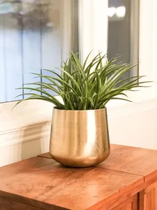 Jardinière en métal artisanale élégante avec surface dorée pour la décoration intérieure bohème, moderne, classique, éclectique et l'utilisation en jardin. - Product Image 5