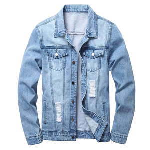 Men's <b>Light</b> Blue Denim <b>Jacket</b> Casual Spring Cotton Turn-down Collar Single Breasted Regular Fit Washed Style Frayed Details - Product Image 1