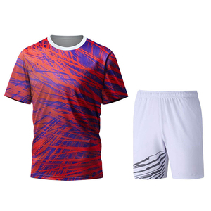 Men's Blue Sublimated Tennis Shirt With Pink Stripes And Black Shorts Set Crew Neck Short Sleeve Moisture Wicking <b>Athletic</b> Wear - Product Image 6