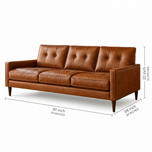 โซฟาหนังแท้สามที่นั่ง สไตล์โมเดิร์นกลางศตวรรษ พนักพิงแบบ Tufted แขนตรง ขาไม้ โซฟาหนังสำหรับห้องนั่งเล่น - Product Image 2
