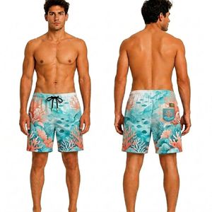 Shorts de surf pour hommes beige vintage à motif tropical, en mélange de polyester doux, séchage rapide, respirant, qualité vacances - Product Image 5