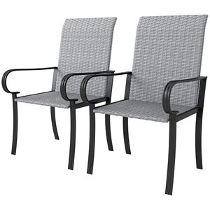 Set of 2 Outdoor Wicker Dining Chairs High Back with Armrest and <b>Deep</b> Seating Steel <b>Frame</b> in Gray - Product Image 1