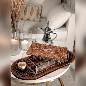 Plateau de service rond en bambou avec couvercle, boîte à collation divisée en 4 compartiments, motif végétal moderne, durable, passe au lave-vaisselle, idéal pour les fêtes - Product Image 3