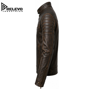 <b>Vintage</b> Style Men Distressed Brown Moto Leather <b>Jacket</b>, Premium Textured <b>Racer</b> Biker Outerwear with Quilted Shoulders - Product Image 3