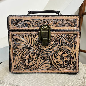 Best Gift Hand Tooled Cowhide Leather Velvet Jewelry <b>Box</b> Portable Necklace Ring Watch Travel Jewelry Case Organizer with Mirror - Product Image 4