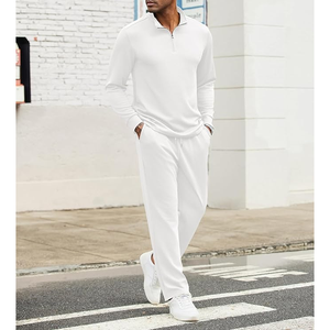 Men's <b>White</b> Quarter-Zip Knitted <b>Tracksuit</b> Set Casual Autumn Wear Breathable Solid Color Long Sleeve Pants and Top - Product Image 3