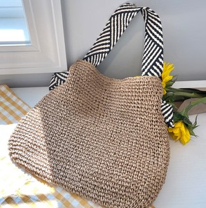 hand woven shoulder bag <b>black</b> and white vegan leather shoulder strap underarm purse handbags for women cotton lining beach tote - Product Image 2