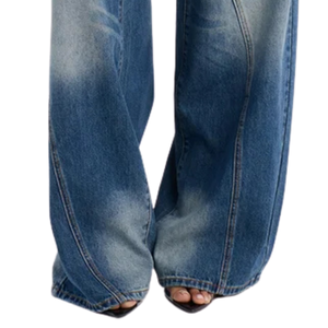 Jean en denim délavé vintage pour femme, coupe mi-large, respirant, décontracté, ample, longueur intégrale, bleu délavé, coupe droite, pantalon tendance - Product Image 5