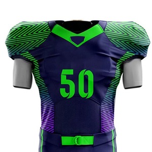 Maillot de football américain personnalisé unisexe bleu marine et vert, col en V, manches courtes, anti-humidité, taille élastique durable, uniforme en polyester - Product Image 4