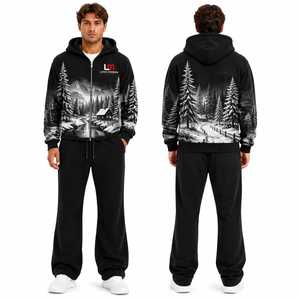 Survêtement à capuche pour homme, manches longues, sweat-shirt décontracté d'hiver, pantalon de jogging, fermeture à cordon, uni, 100% coton, léger, noir - Product Image 2