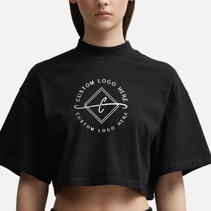 Women's Crop <b>Top</b> Custom 100% Cotton Tshirts Oversize <b>Mock</b> <b>Neck</b> Crop <b>Top</b> Tshirts Wholesales Sexy Style Tee Cropped T-shirt - Product Image 1