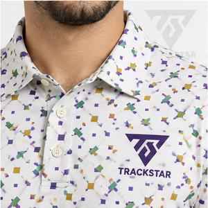 Polo pour homme Trackstar, blanc, imprimé géométrique multicolore, manches courtes, col boutonné, chemise de golf, logo personnalisé - Product Image 5
