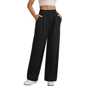 Pantalon pour femme noir à jambes larges, taille haute, élastique, plissé, coupe ample, longueur complète, décontracté, avec poches, couleur unie - Product Image 5