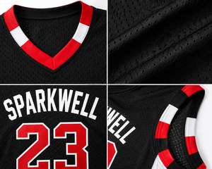 Maillot de basket-ball Sparkwell unisexe sans manches, col en V, maille respirante, impression 3D sublimée, nom de l'équipe personnalisé sur le devant, 23 noir rouge - Product Image 6