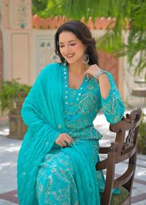 Premium Turquoise Blue 60x60 Cotton Digital Print Suit Set with Straight <b>Kurta</b> Matching Pants and Dupatta for <b>Women</b> - Product Image 2