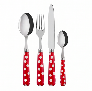 Juego de 4 cubiertos de acero inoxidable con mangos rojos punteados, cuchara, cuchillo, tenedor, plateados, para uso en la mesa de la cocina. - Product Image 1