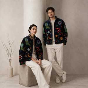 Veste bohème en velours bleu <span class=keywords><strong>marine</strong></span> brodée Suzani pour <span class=keywords><strong>femme</strong></span>, col montant, faite à la main, art populaire coloré, manteau d'automne pour <span class=keywords><strong>femme</strong></span> - Product Image 2