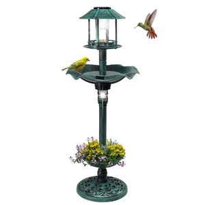 Fontana Decorativa Vintage per Uccelli con Illuminazione Solare, Vasca per Uccelli in Resina con Fioriera per Decorazione Giardino - Product Image 1