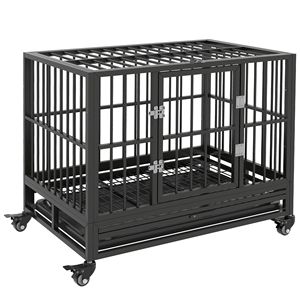 Gabbia per Cani Robusta in Metallo da 36 Pollici con Ruote Bloccabili, Doppia Porta, Vassoio Rimovibile, Stile Moderno Grigio - Per Razze Medie e Grandi - Product Image 1