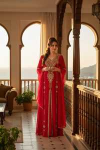 Abaya longue rouge brodée en mousseline pour femme, coupe modeste, respirante, toutes saisons, style moyen-oriental, col cœur, pour adultes - Product Image 4