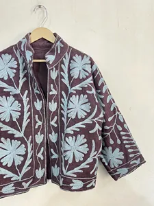 <b>Women</b> Vintage Suzani Floral Embroidered Cotton Jacket Ethnic Boho Crop <b>Coat</b> Handmade Statement Outerwear - Product Image 3